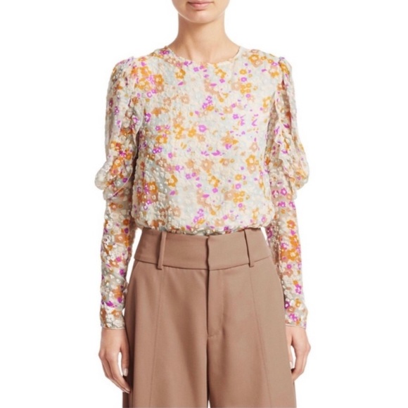SEE BY CHLOÉ • Multicolor Floral Velvet Burnout Ruffle Long Sleeve Silk Blouse - Picture 16 of 16